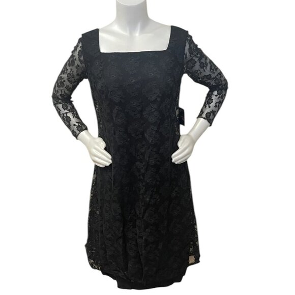 Vintage 60s Black Lacy Babydoll Dress Long Lace Sleeve Bow Metal Zipper Size S - Picture 4 of 6